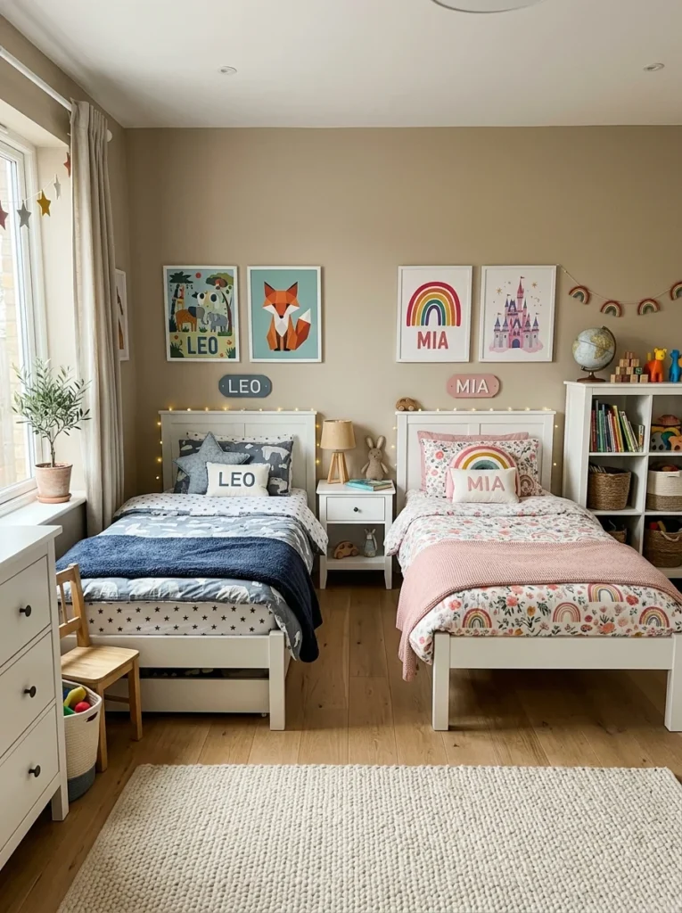 Neutral shared bedroom with personalized bedding for siblings.