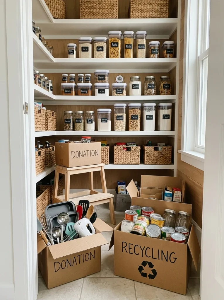 Decluttering expired pantry food and duplicate kitchen tools.