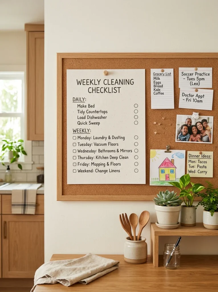 Minimal cleaning checklist displayed on a kitchen bulletin board.