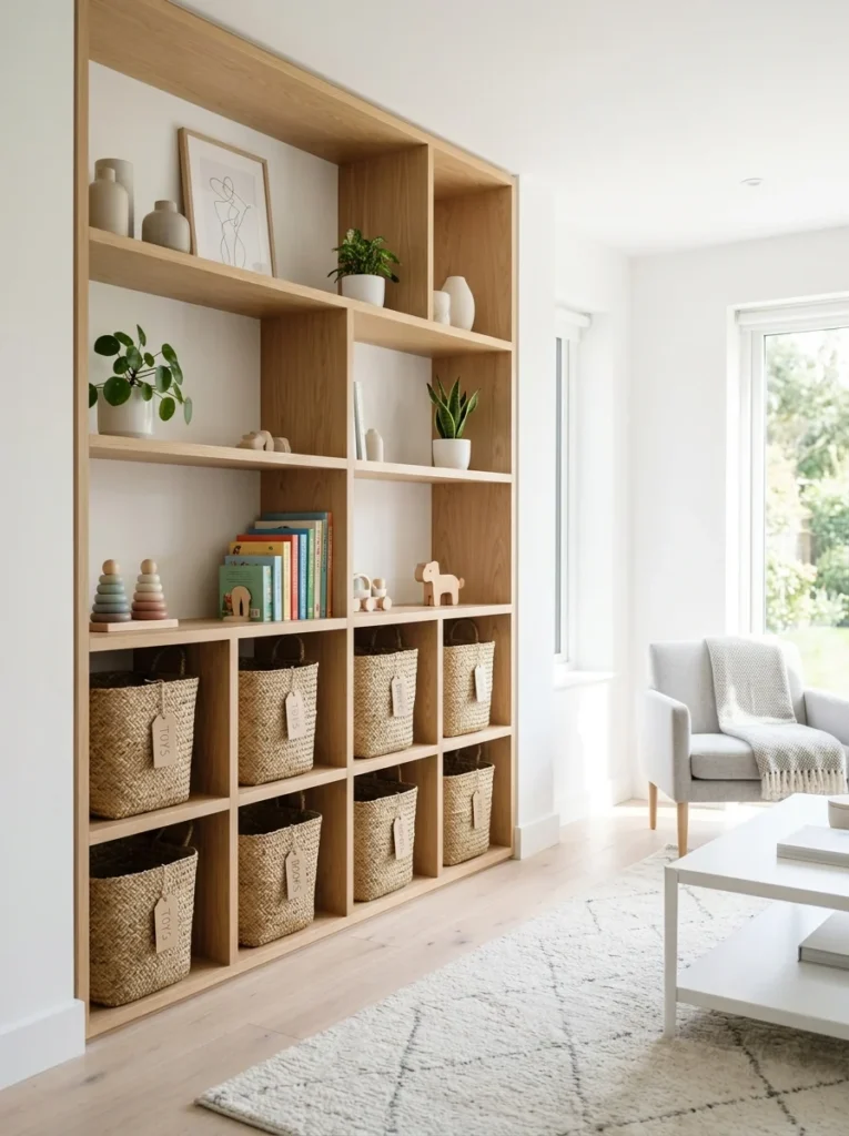 Designated storage space keeping children's belongings organized.