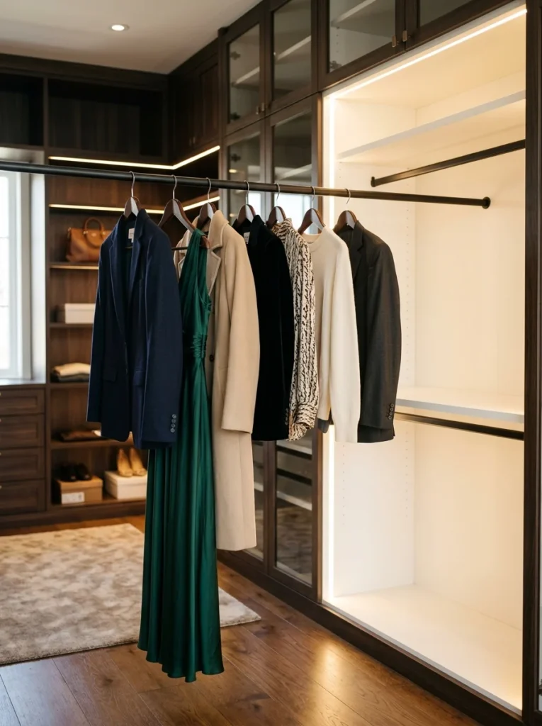 Expensive clothing hanging unused inside an organized closet.