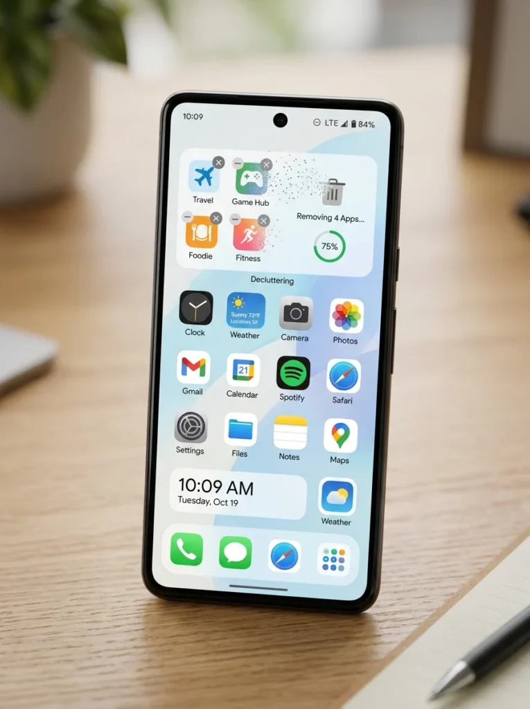 Smartphone with unnecessary apps being deleted to reduce digital clutter.