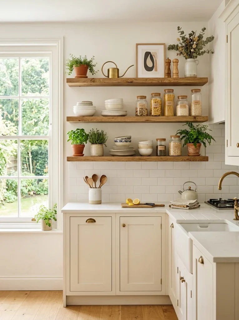Small kitchen with wooden open shelves creating a brighter and more spacious appearance.