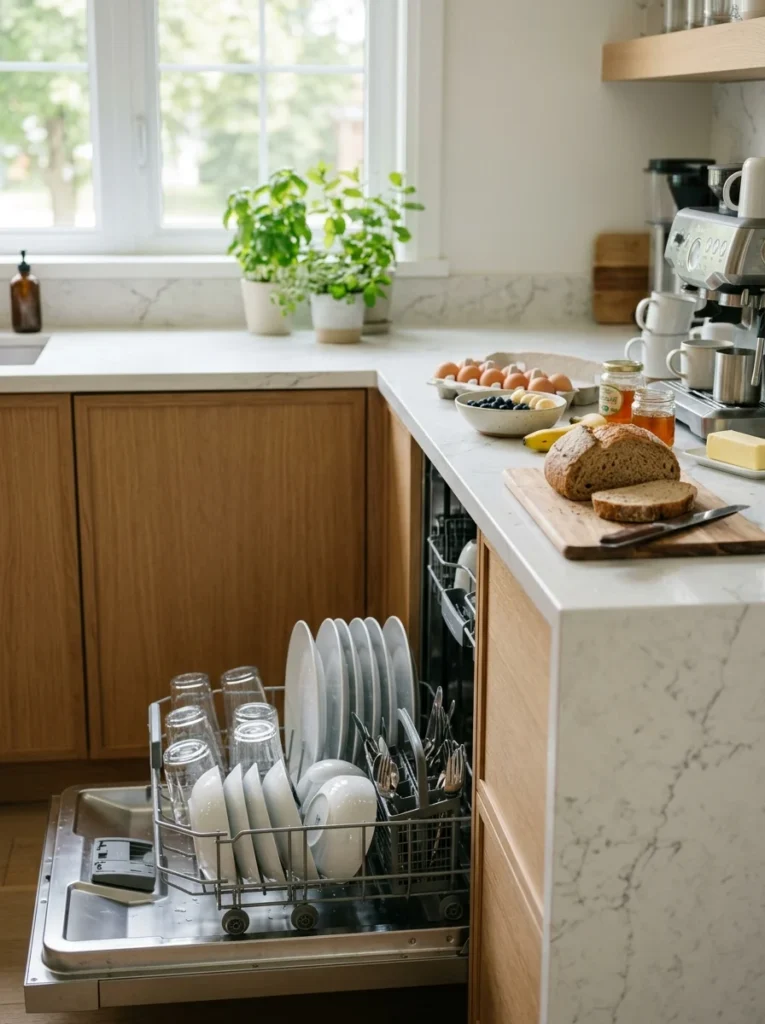 Person unloading a dishwasher while preparing breakfast.