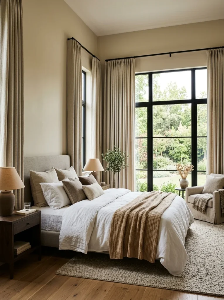 Neutral blackout curtains improving both bedroom style and sleep quality.