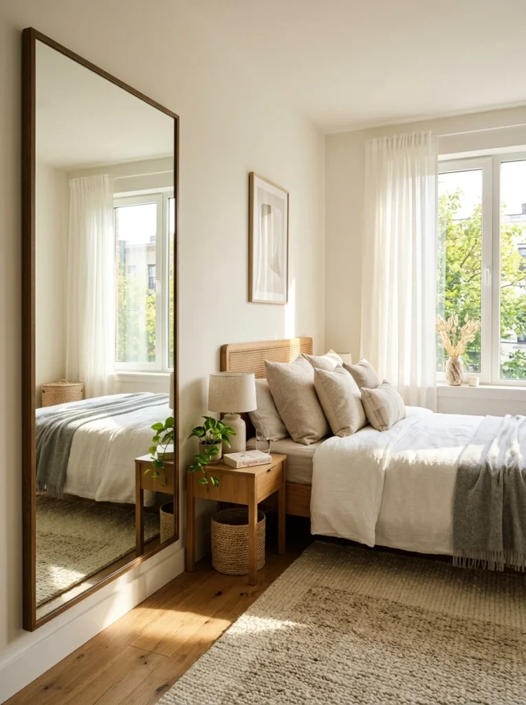 Large mirror reflecting natural light to make a small bedroom appear larger.