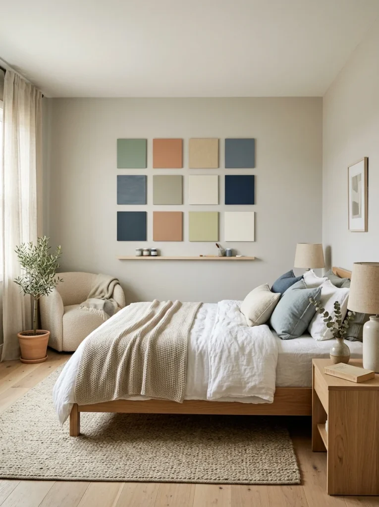 Bedroom with calming color samples for personalized paint selection.