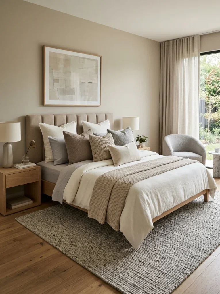 Neutral layered bedding using coordinated colors and decorative pillows.