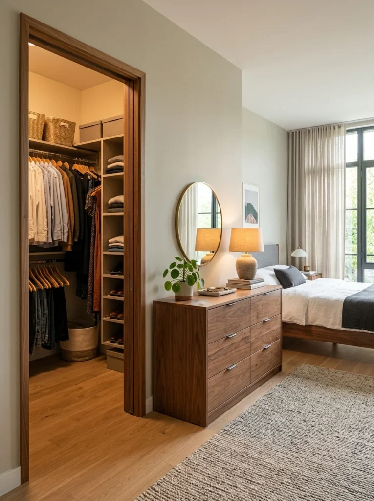 Master bedroom with a dresser placed near the closet for an efficient dressing area.