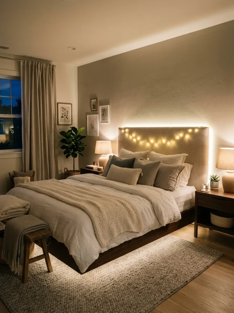Bedroom decorated with warm string lights and hidden LED strip lighting.