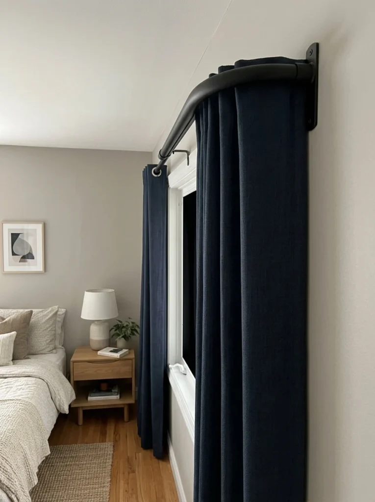 Wraparound curtain rod reducing light leaks around blackout curtains.