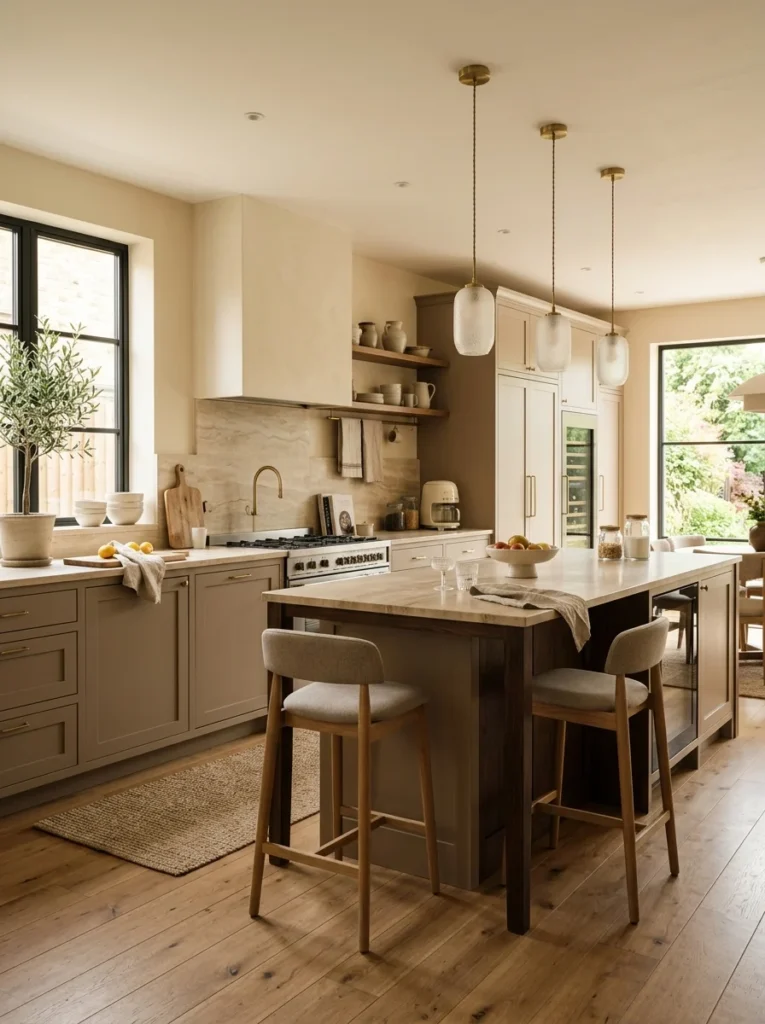 Contemporary kitchen decorated with warm greige cabinets and neutral tones.