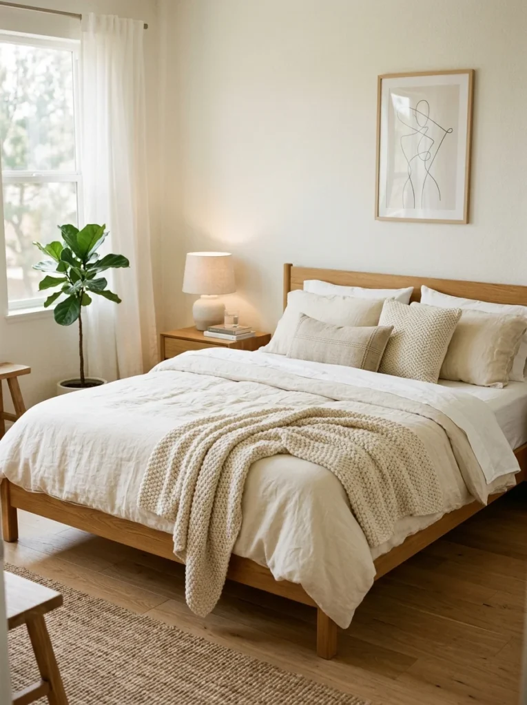 Minimalist bed with cream linen bedding, textured throw blanket, and soft neutral pillows.