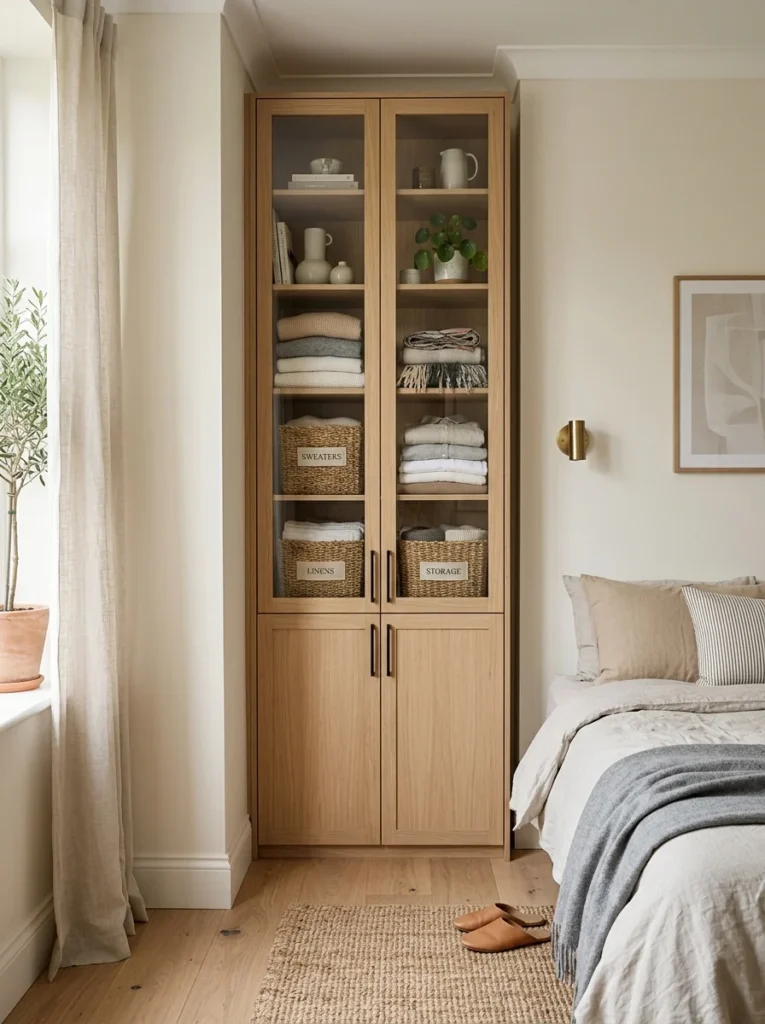 Tall storage cabinet making use of an empty bedroom corner for extra storage.
