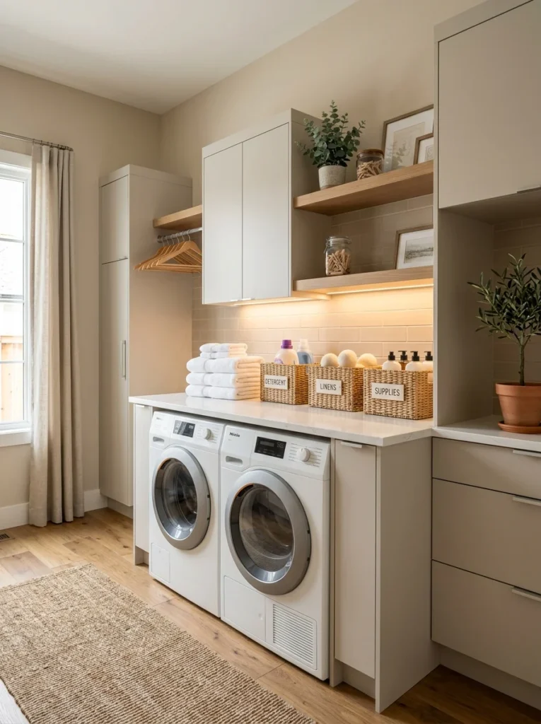 Modern laundry room with LED under-cabinet lighting illuminating a folding countertop.