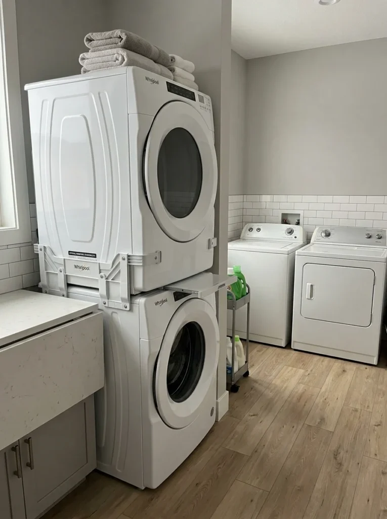 Properly stacked washer and dryer using a manufacturer-approved stacking kit.
