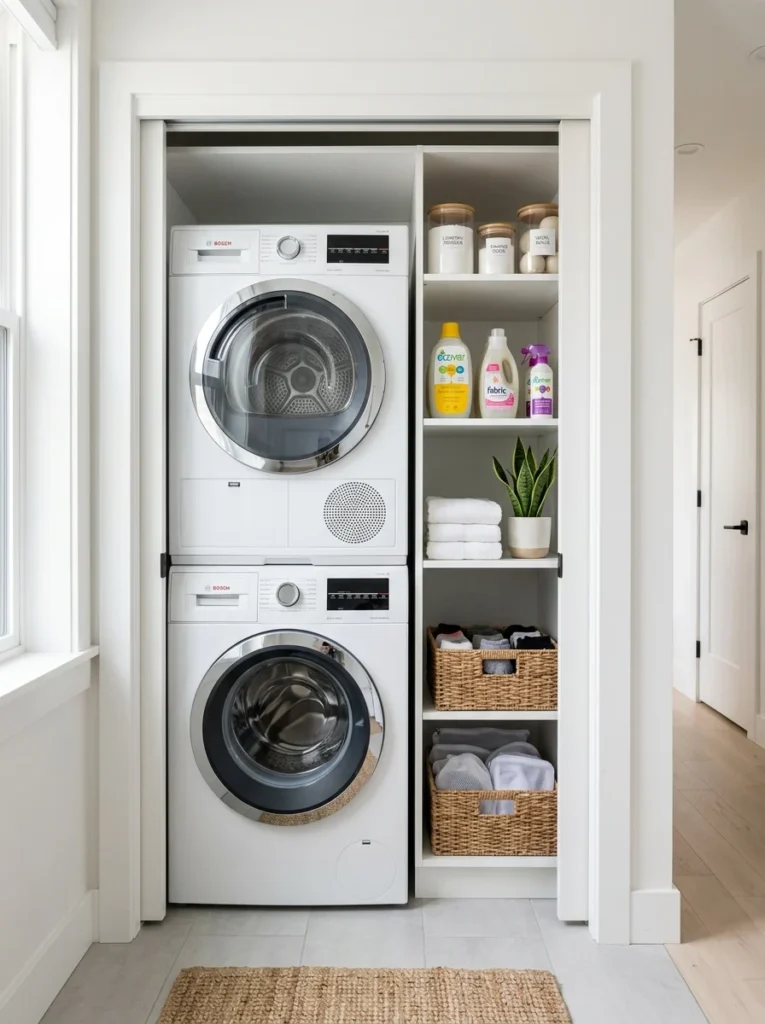 Stacked washer and dryer saving floor space in a compact laundry closet.