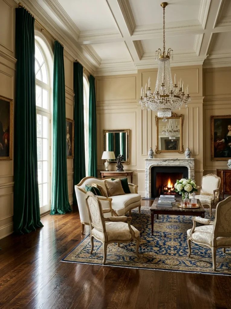 Long luxury curtains pooling gracefully on the floor.