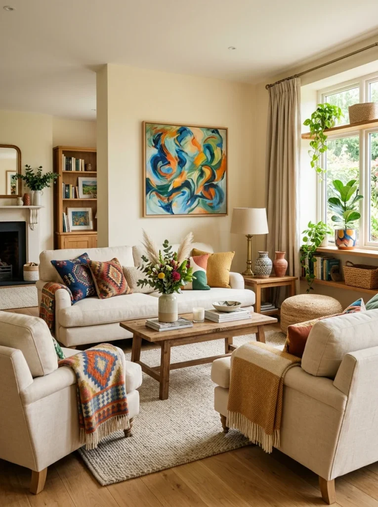Neutral living room using colorful accessories that can easily be replaced.