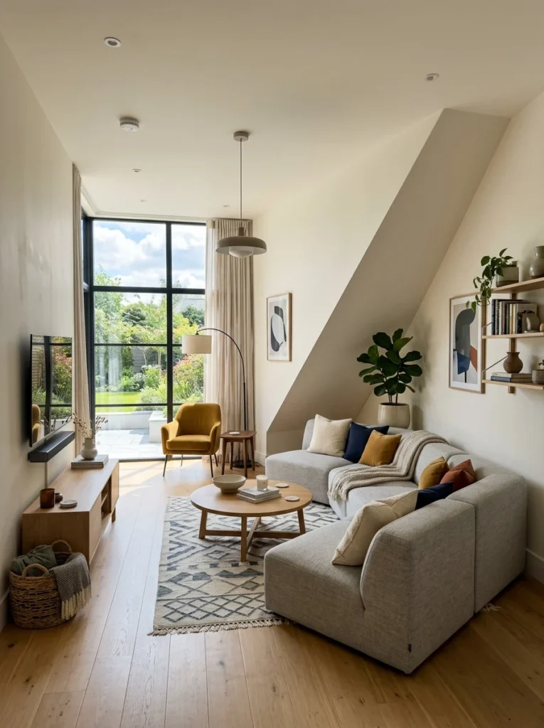 Sectional sofa aligned with an angled wall in an awkward living room.