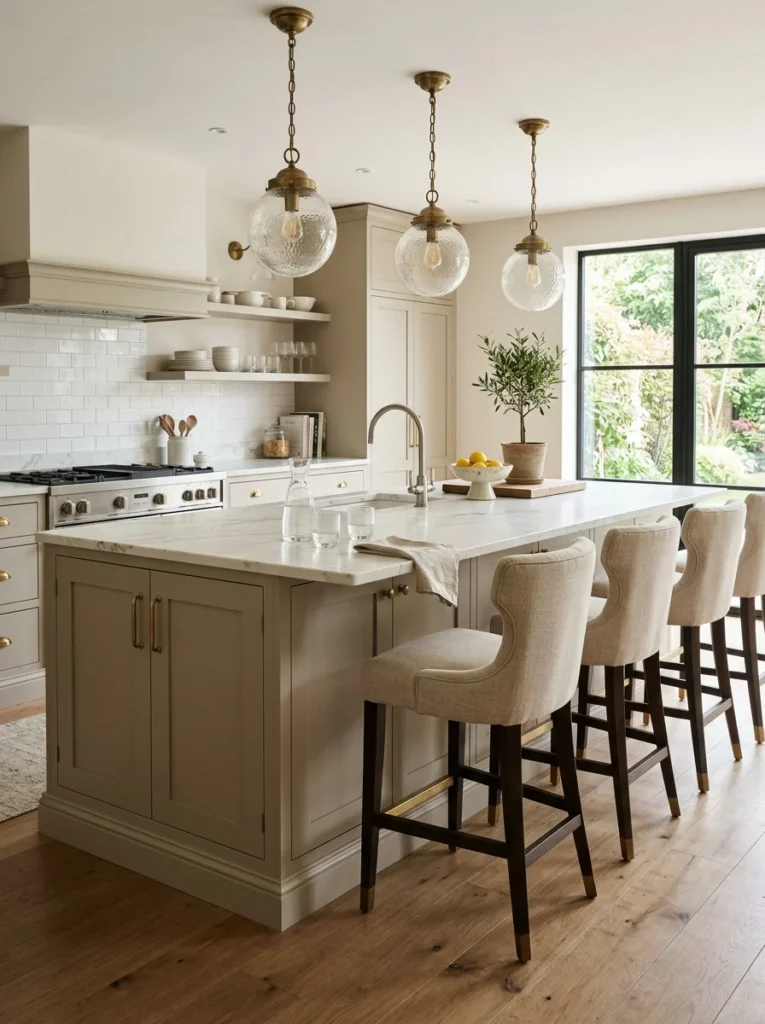 Kitchen island with comfortable bar stool seating and countertop overhang.