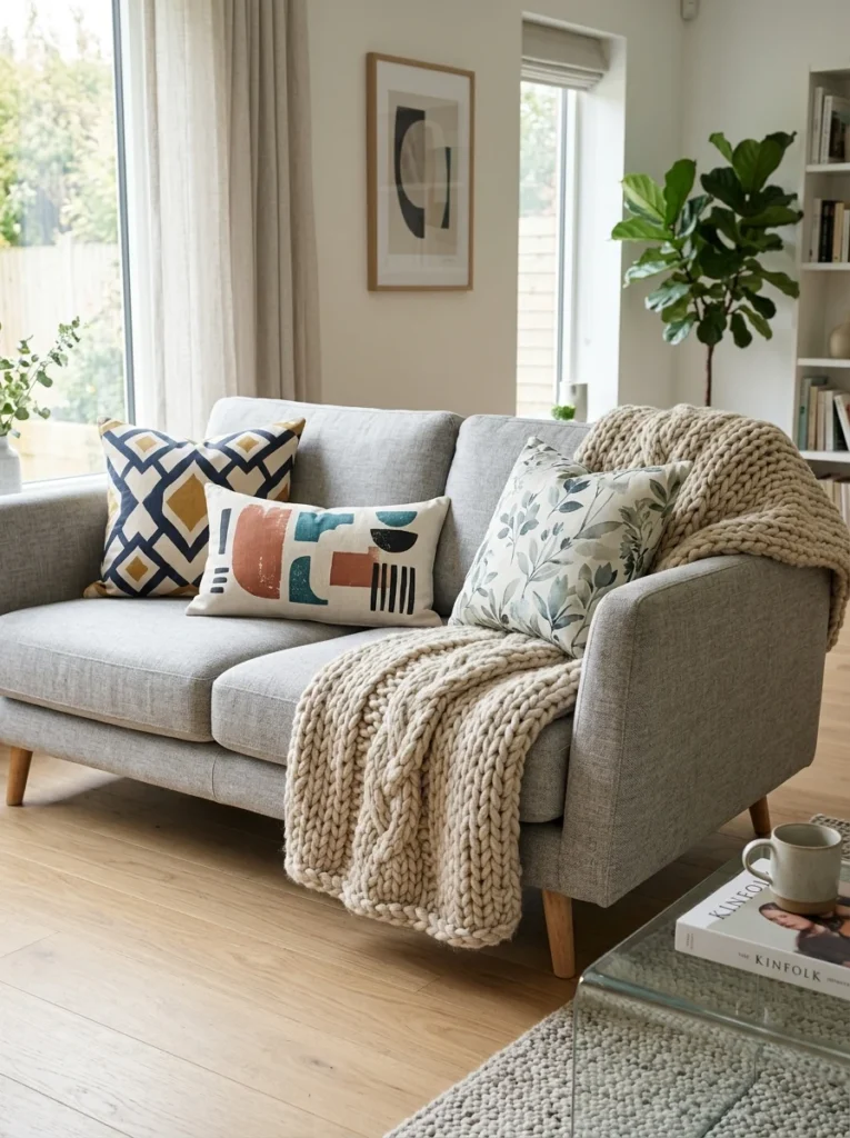 Chunky knit throw paired with smooth patterned cushions in a balanced living room.