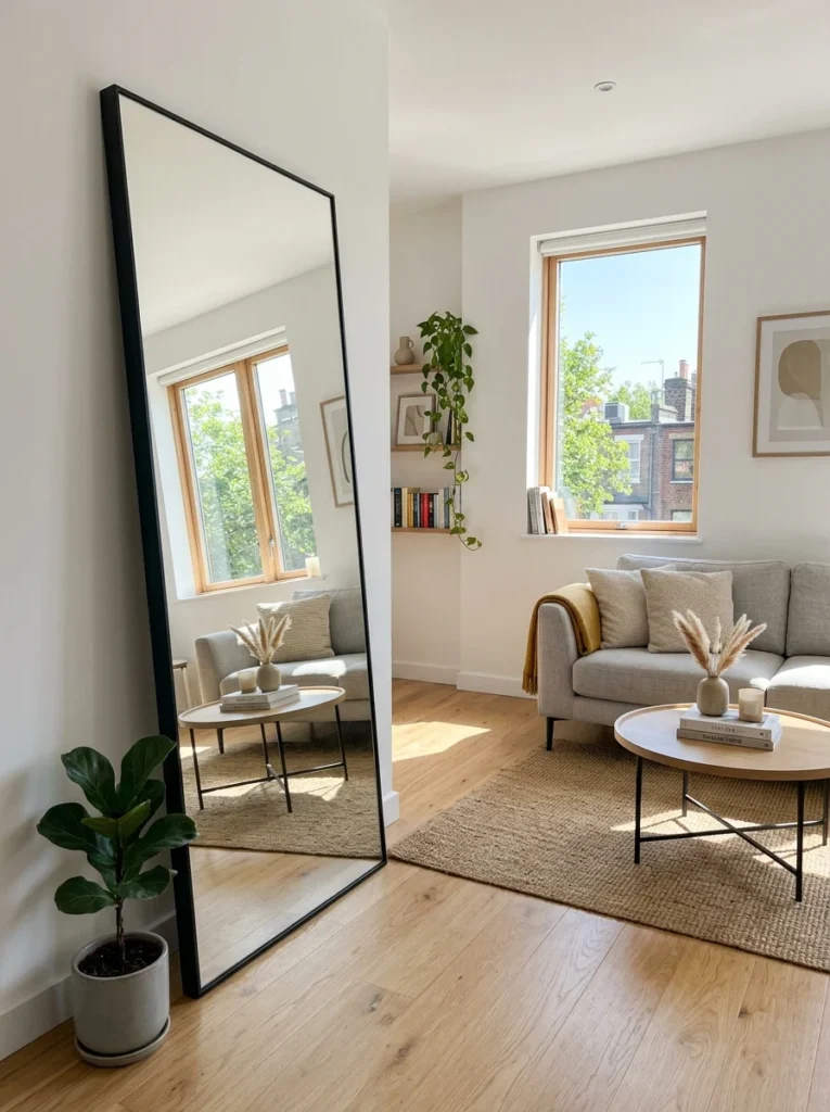 Large decorative mirror reflecting natural light to make a small room appear bigger.