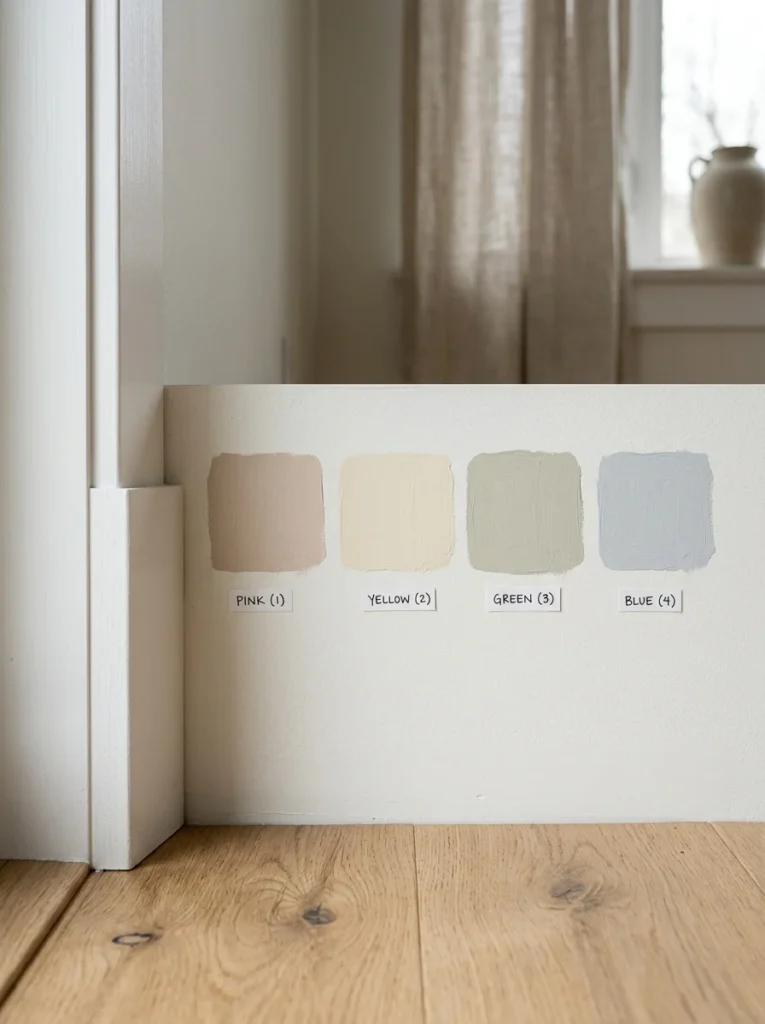Neutral paint samples displaying different undertones beside flooring and trim.
