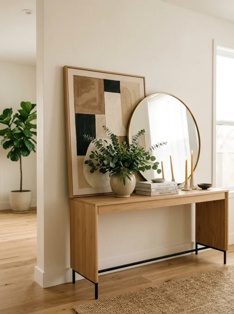Mirror and artwork leaning behind a styled console table.
