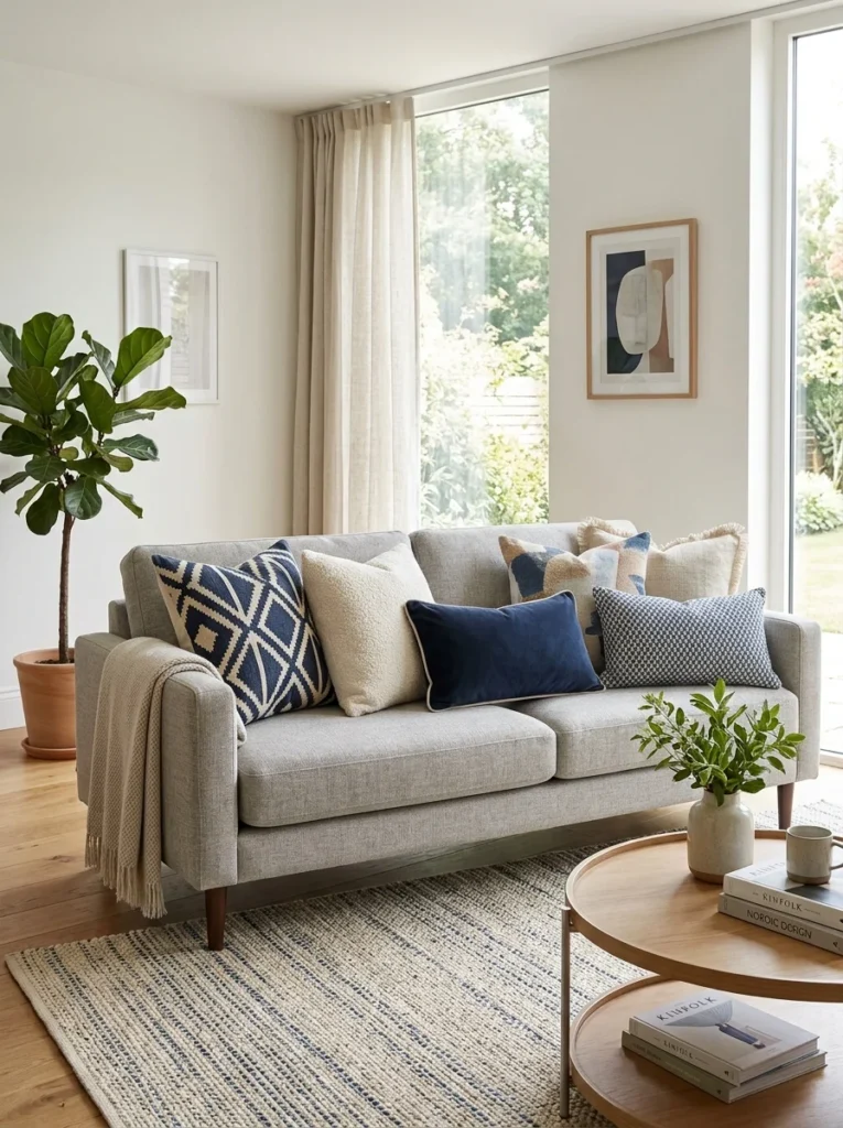 Sofa decorated with five coordinated throw pillows in a relaxed arrangement.
