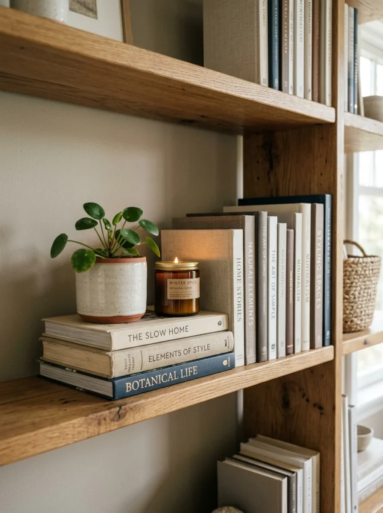 Horizontal book stacks supporting decorative objects on open shelving.