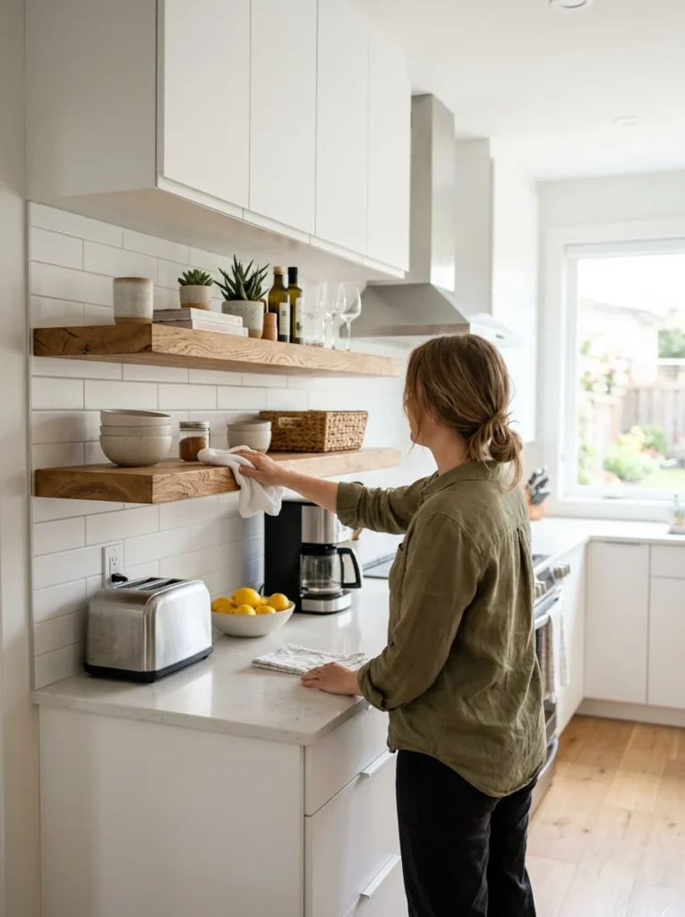 Maintaining floating kitchen shelves by wiping away dust and everyday cooking residue.