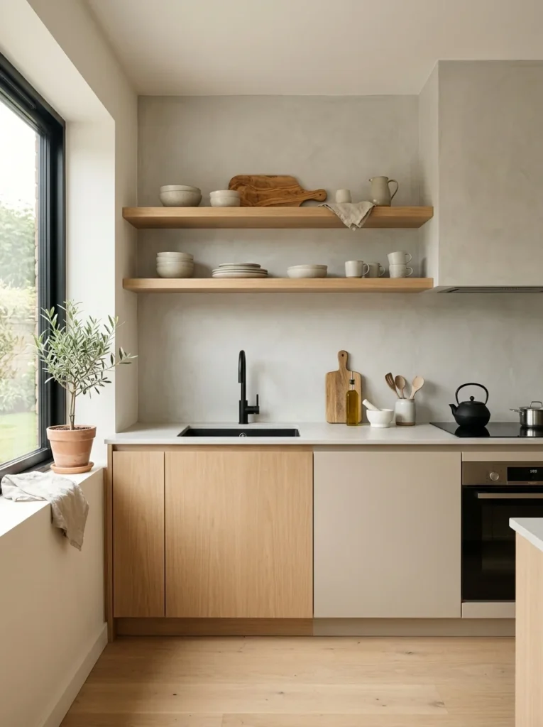 mooth microcement backsplash with a minimalist modern kitchen design.