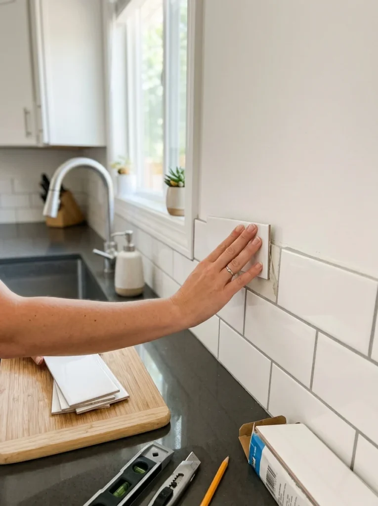 Peel-and-stick backsplash adding style to a budget kitchen makeover.