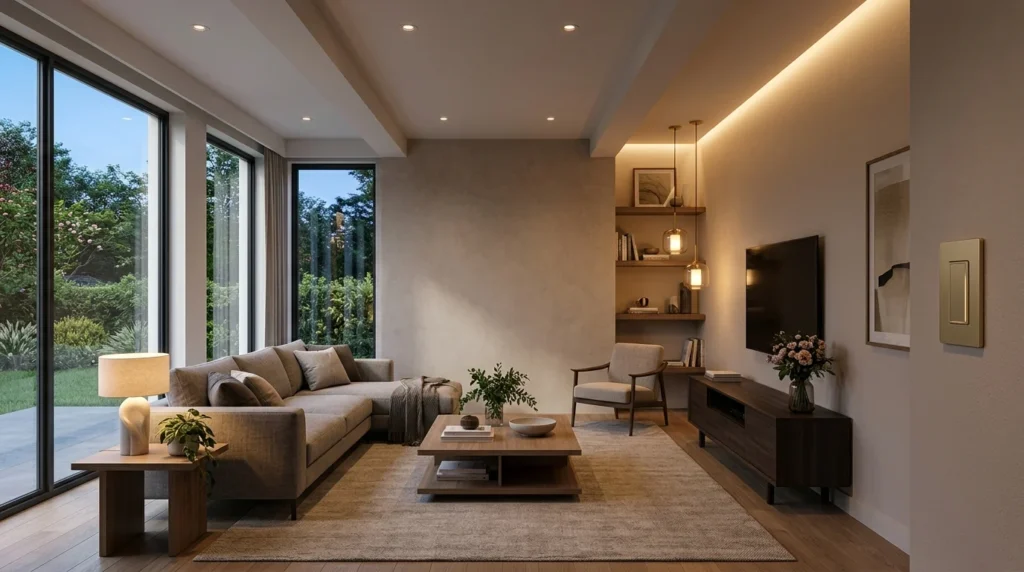 Modern living room with adjustable dimmable lighting creating different moods throughout the day.