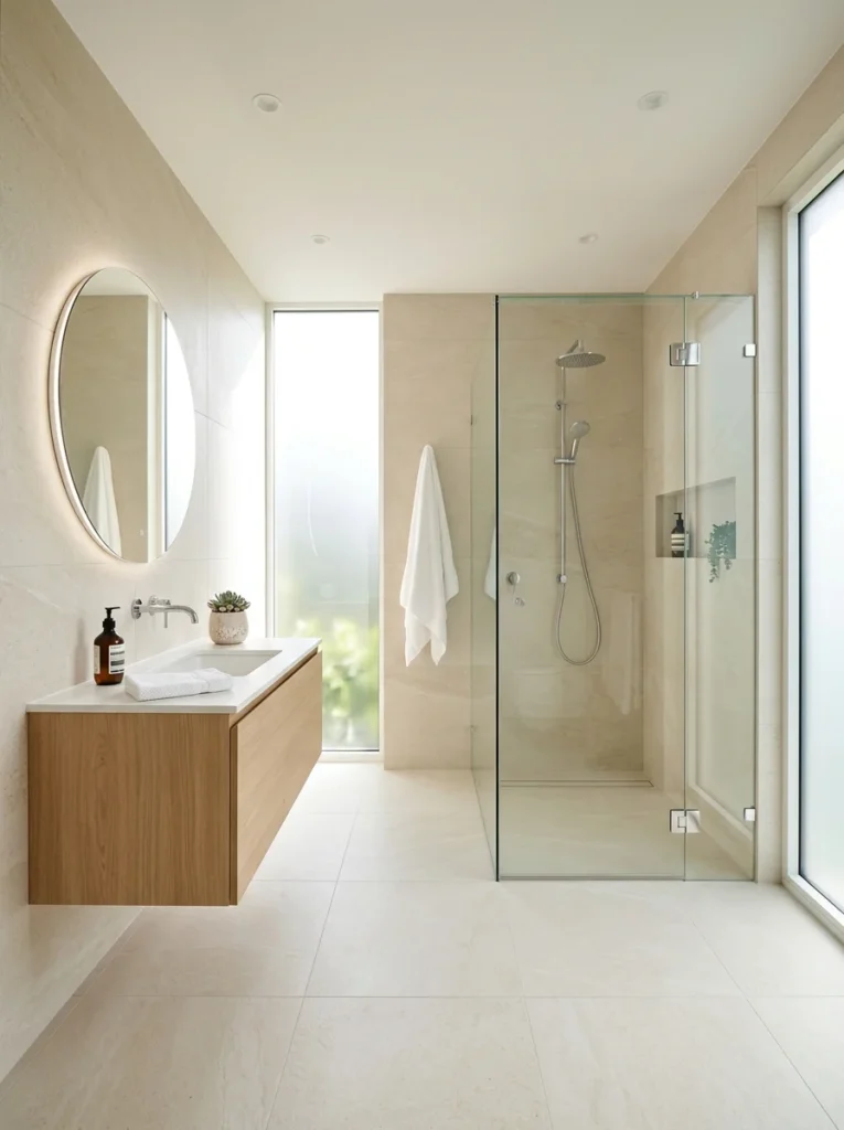 Small bathroom using matching light tiles on walls and floors for a seamless appearance.