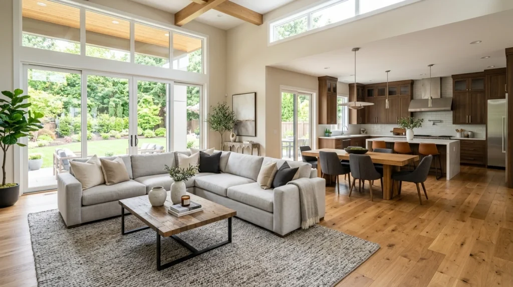 Large area rug defining the living zone in an open-plan home.