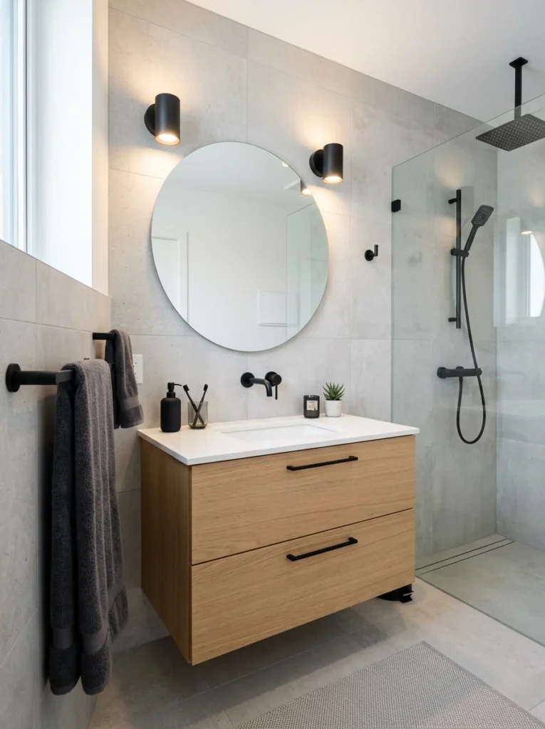 Modern matte black bathroom hardware and fixtures installed in a renovated bathroom.