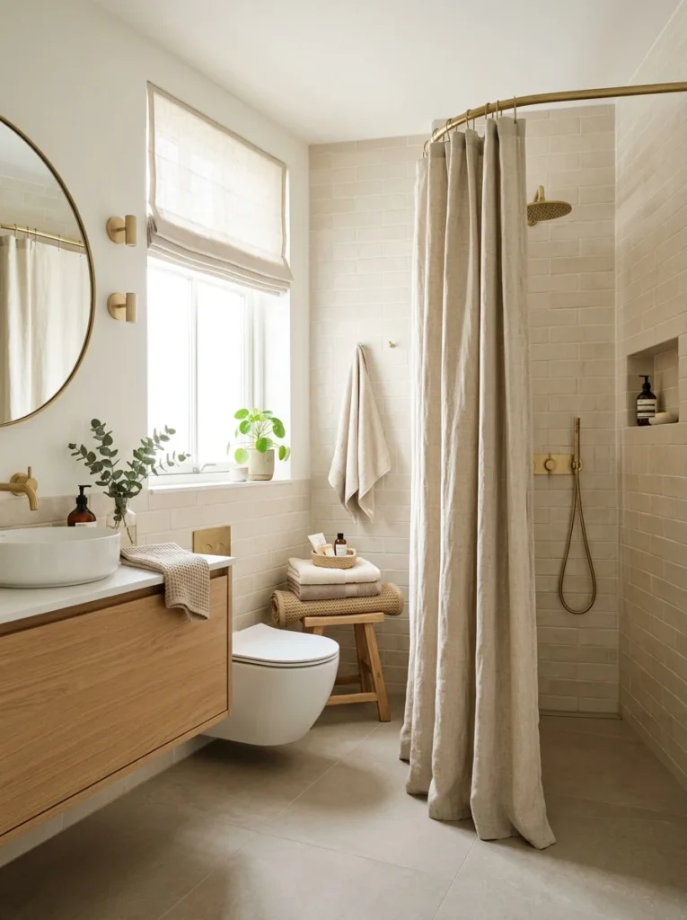 Guest bathroom featuring a premium fabric shower curtain and curved rod.