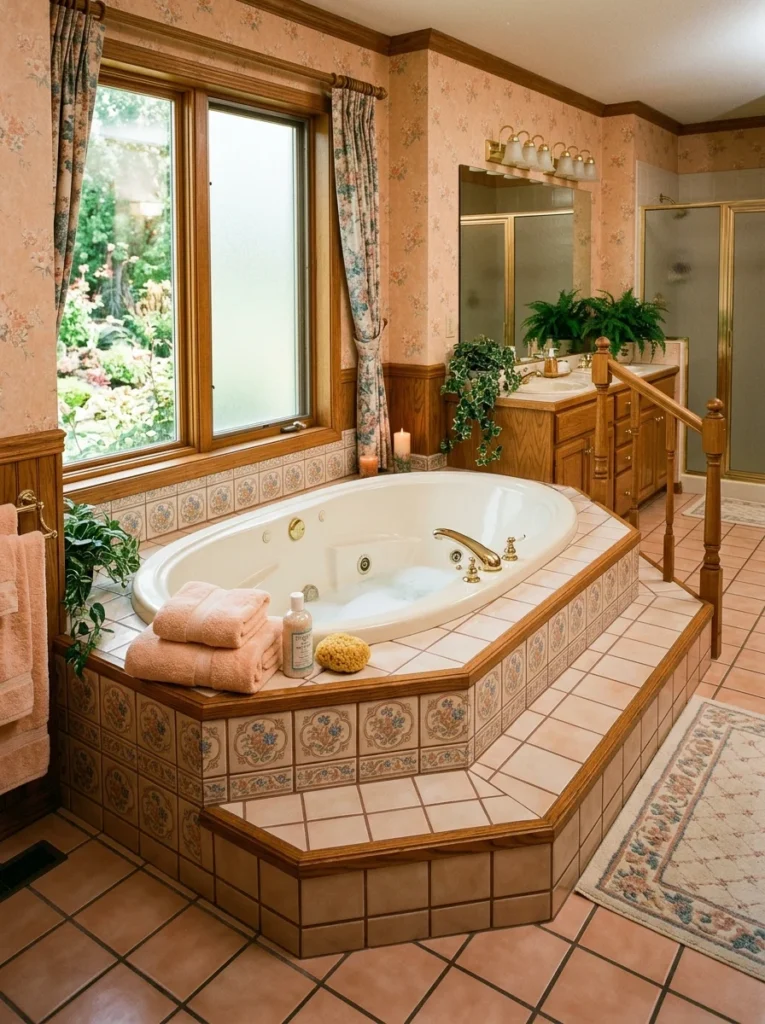 Raised garden bathtub with tiled surround and whirlpool jets in a traditional bathroom.