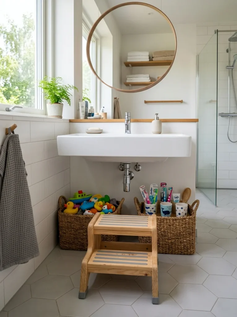 Bathroom step stool with accessible storage for children's essentials.