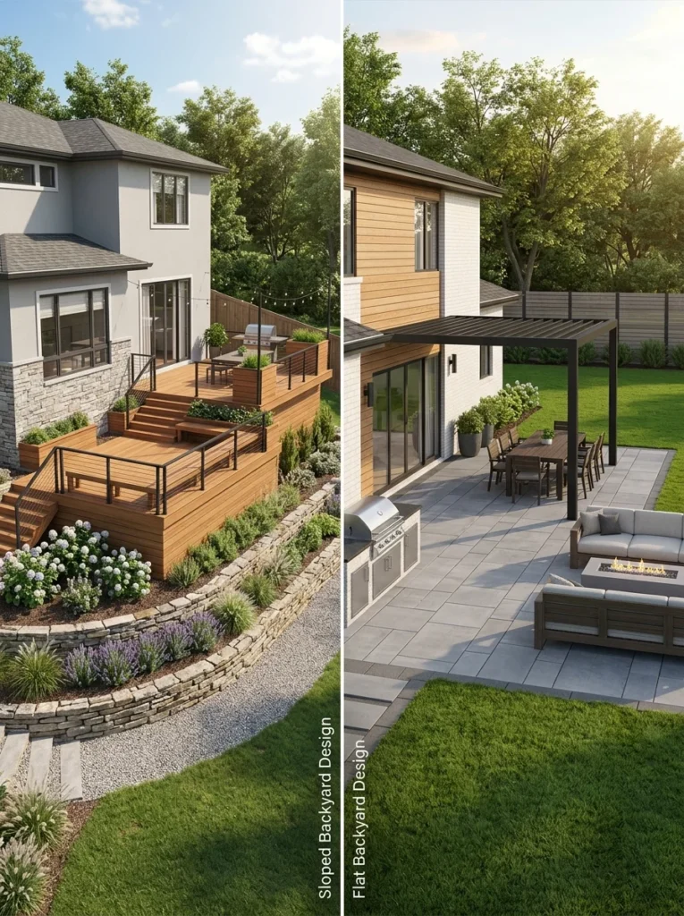 Raised deck and ground-level patio on different yard slopes.