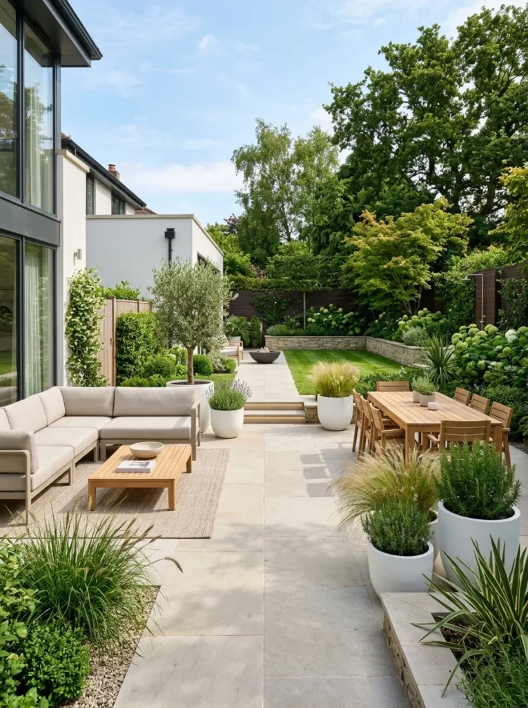 Neutral outdoor furniture and light paving in a modern backyard.