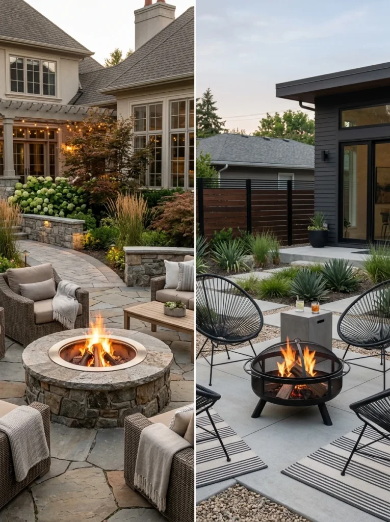 Permanent stone and portable fire pit designs
