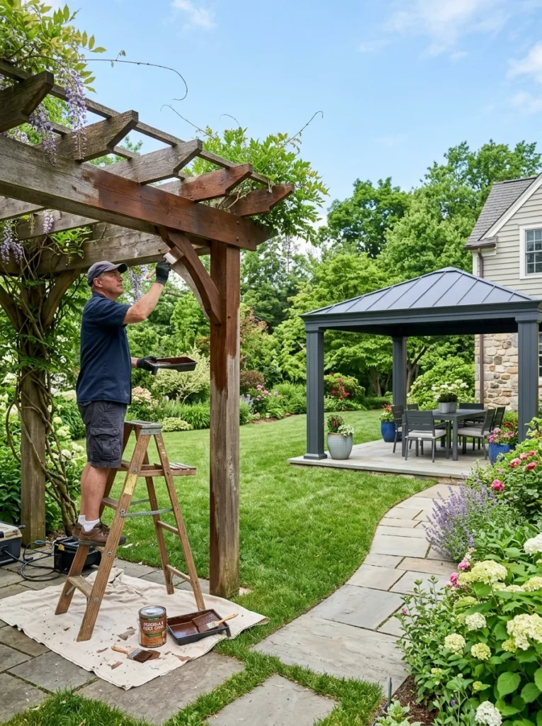 Wooden pergola being maintained next to a low-maintenance aluminum gazebo.
