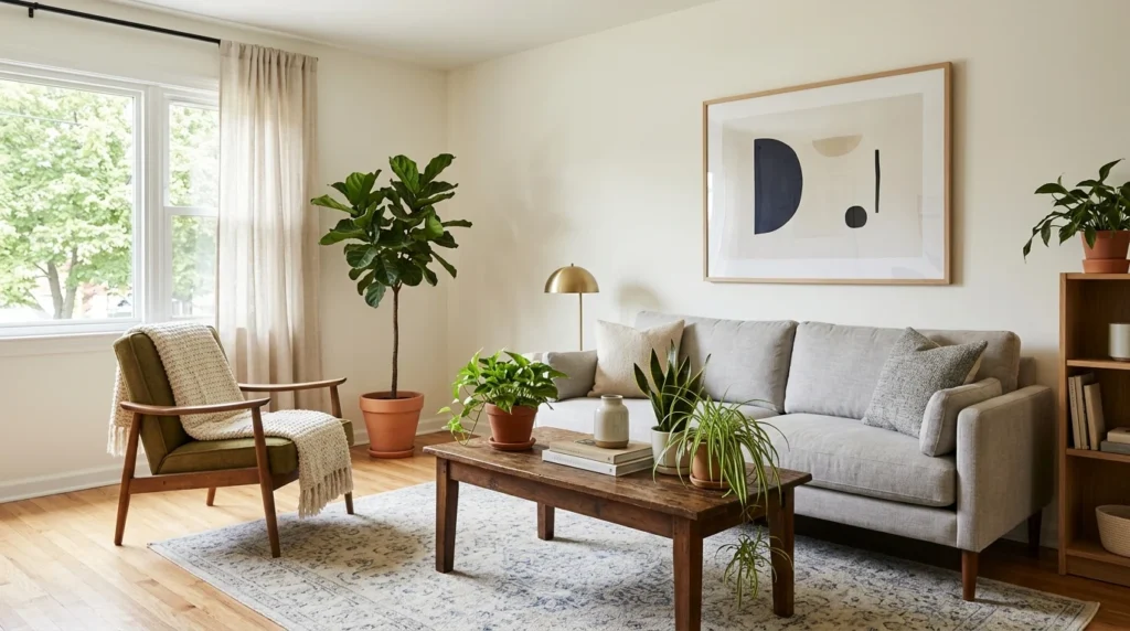 Modern living room showing timeless affordable decor while avoiding common budget decorating mistakes.