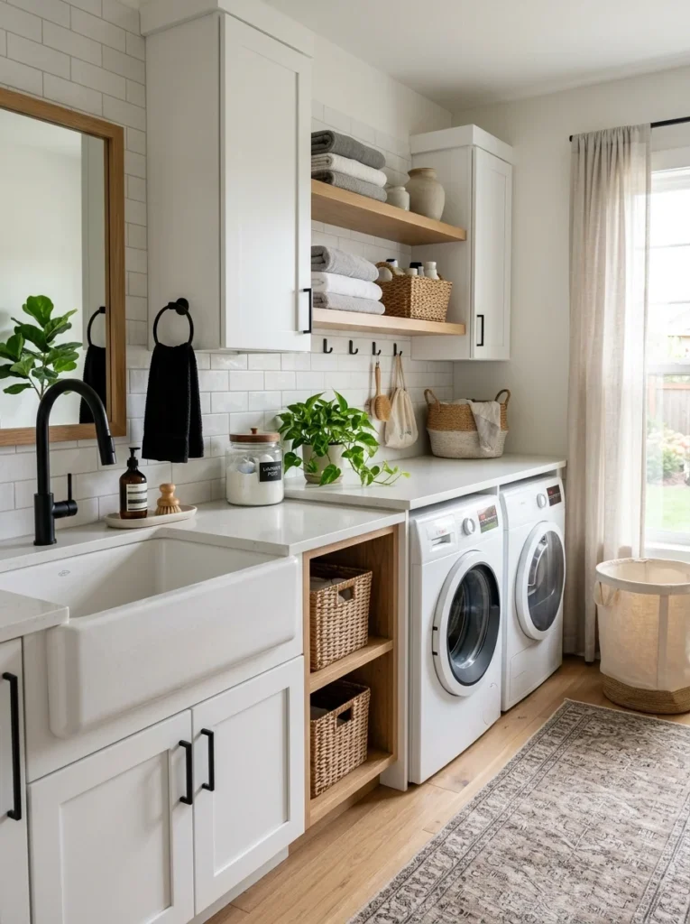 Functional laundry room featuring a deep utility sink beside the washer.