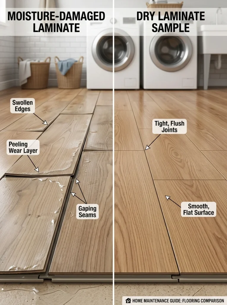 Swollen laminate flooring caused by moisture exposure.