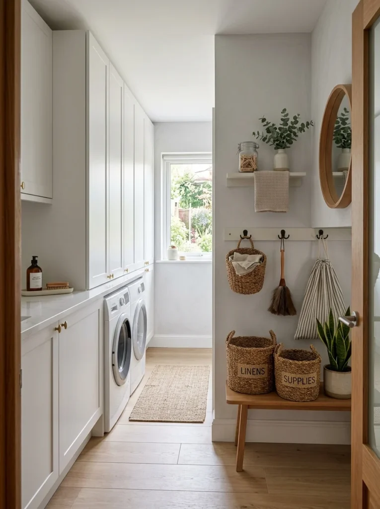 Closed cabinets concealing laundry supplies in a stylish mudroom laundry combination.