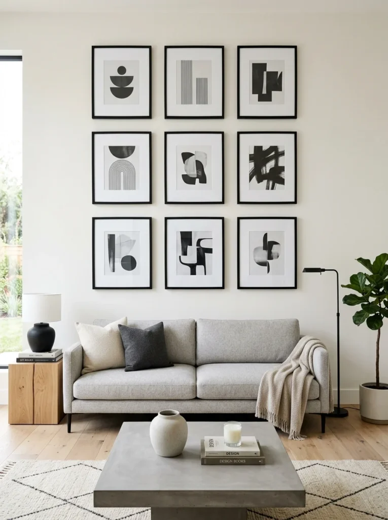Symmetrical gallery wall with evenly spaced frames.